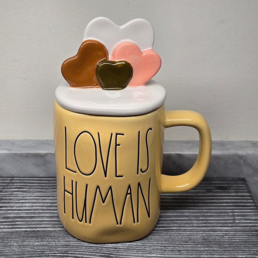 Rae Dunn Love Is Human Yellow Ceramic Mug with Multi Color Heart Lid topper 18oz
